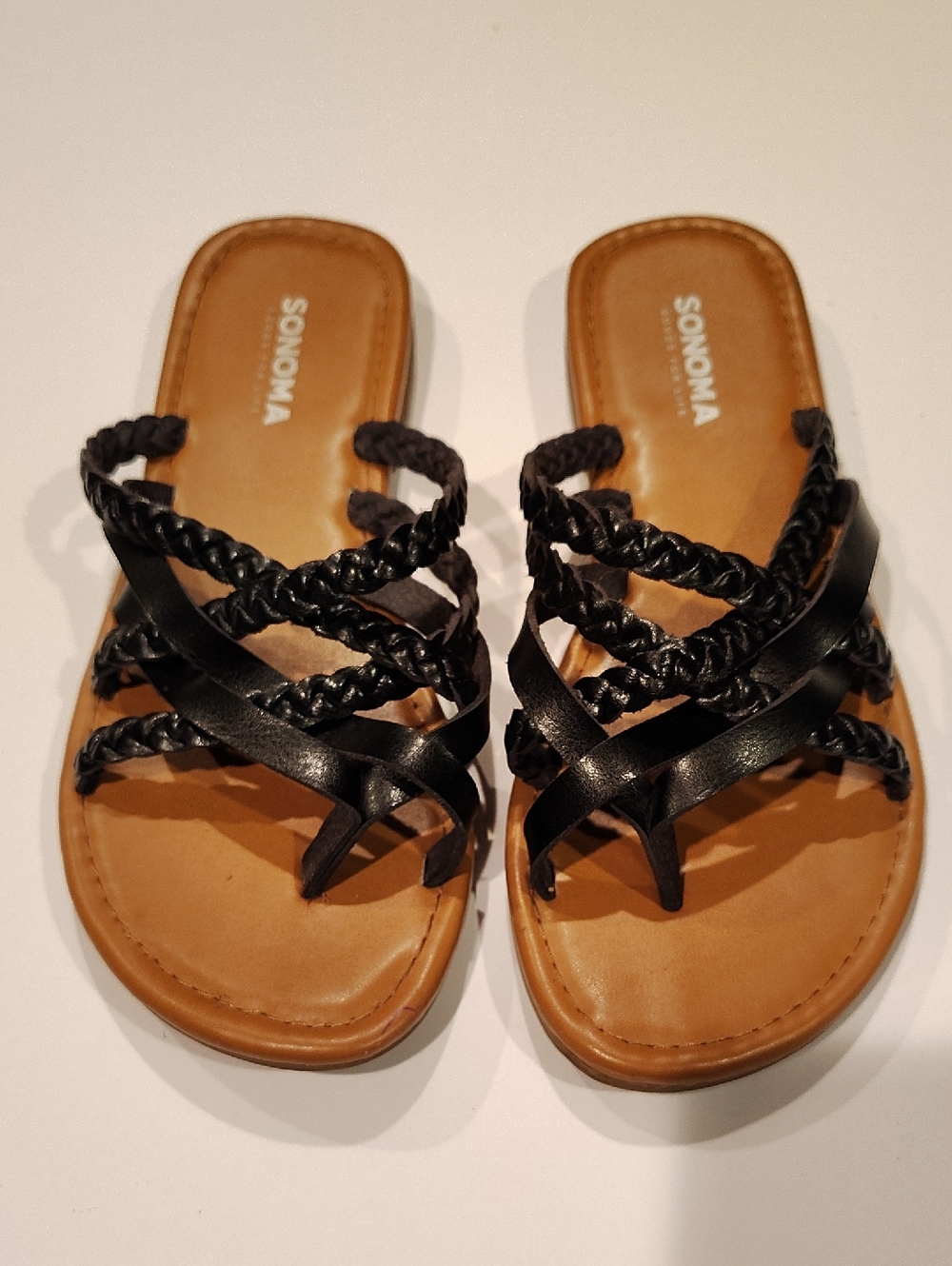 Sonoma Sz 6.5 Black Braided Strappy Toe-Post Sandals WM